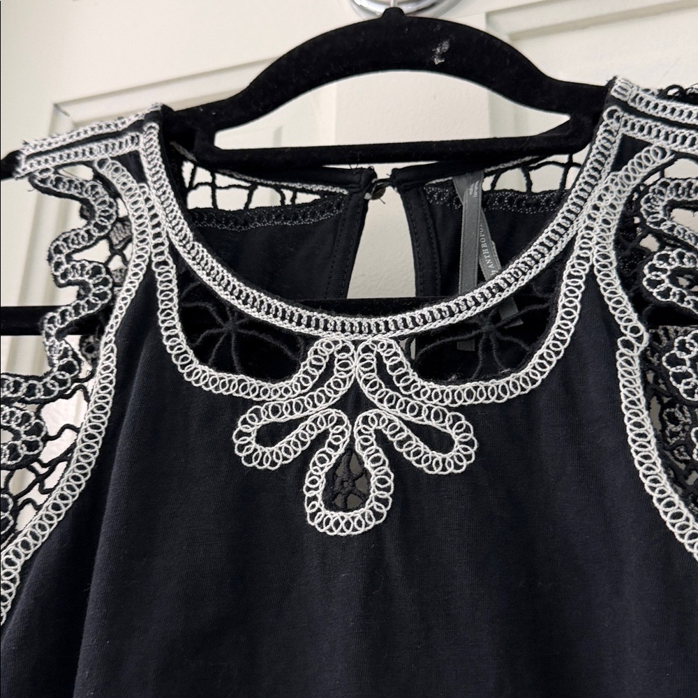 EUC BY ANTHROPOLOGIE Black Tank with Open Lace White Crochet Trim Embroidered - Picture 2 of 7